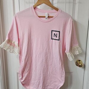 Bella + Canvas Pink Ruched Side Lace Trim T-Shirt with Initial N Graphic